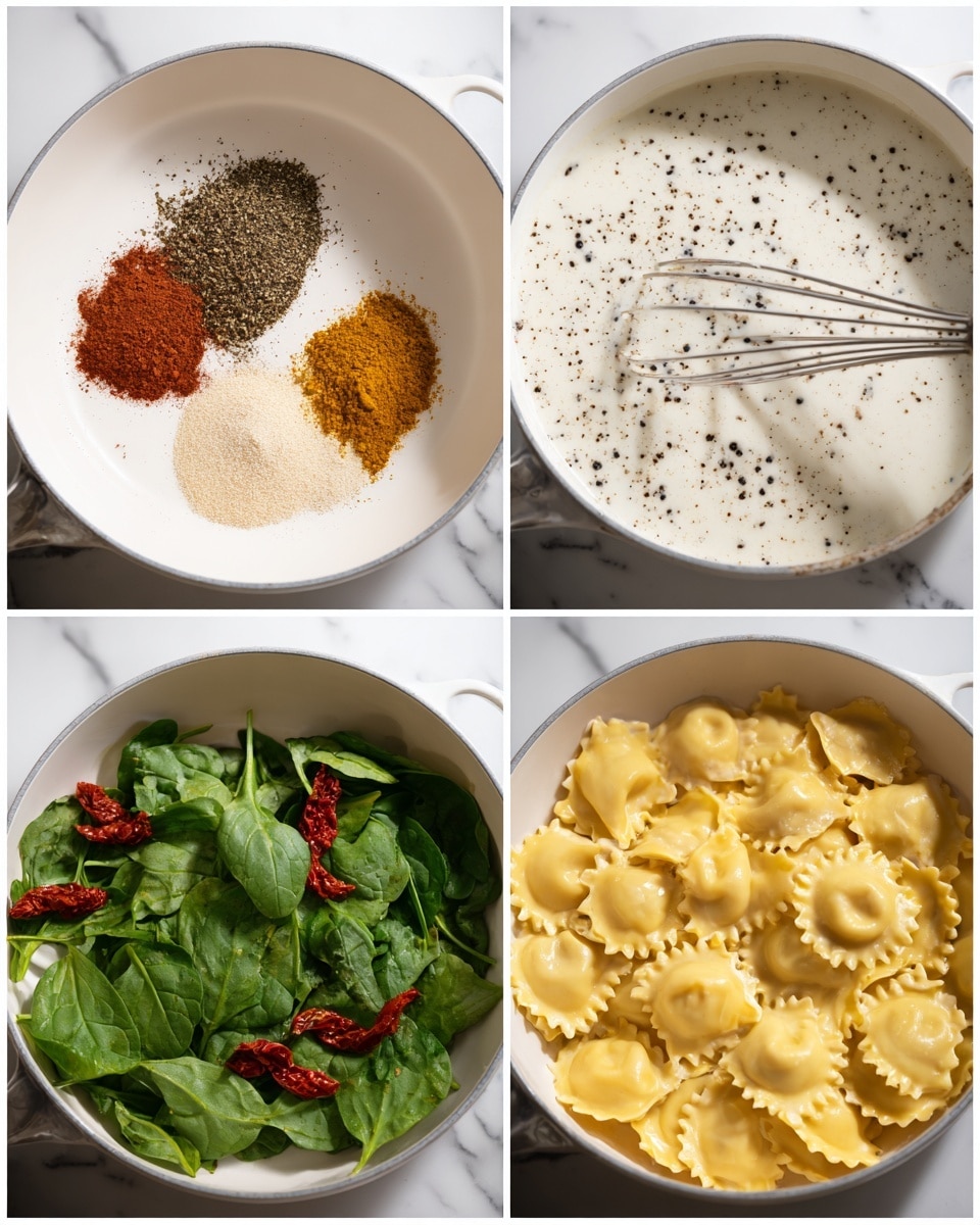 The first image shows a white pan with three layers of dry spices: a dark brown pile at the top, a light brown powder on the left, and a golden-yellow powder on the right. The second image shows the same white pan filled with a creamy white liquid with black pepper sprinkled evenly throughout, and a whisk resting inside the pan. The third image shows the creamy white sauce mixed with black pepper in the white pan, topped with bright green fresh spinach leaves piled on the lower side and small pieces of reddish sun-dried tomatoes on the upper left side. The fourth image shows a white pot filled mostly with boiling water and yellow ravioli pasta with ruffled edges cooking inside, with bubbles around the pasta. The setting is on a white marbled surface, photo taken with an iphone --ar 4:5 --v 7