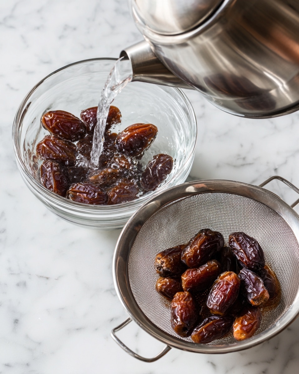 The image shows two parts: on the left, there is a clear glass bowl on a white marbled surface filled with dark brown dates being soaked as clear water pours into the bowl from a kettle above. The dates have a shiny and wrinkled texture. On the right, there is a metal mesh strainer over the white marbled surface, with the soaked dates resting inside the strainer, showing their dark, wrinkled, and slightly soft texture after soaking. photo taken with an iphone --ar 4:5 --v 7
