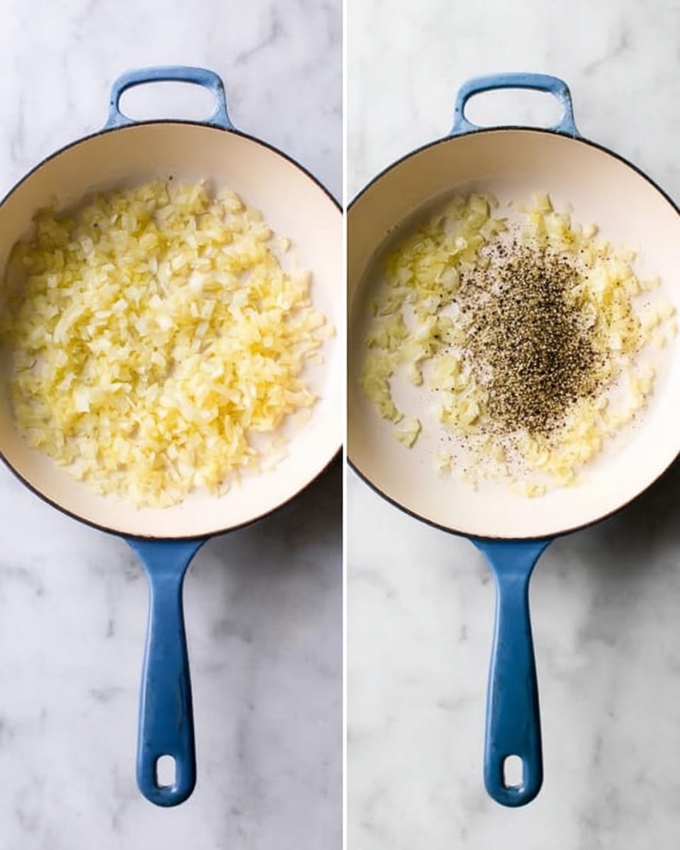 Two side-by-side images show a white enamel pan with a blue handle on a white marbled surface. The pan holds finely chopped pale yellow onions, spread mostly on the left side in both images. In the second image, a strip of coarse black pepper and salt is added on top of the onions in the pan, creating a clear contrast between the pale onions and dark seasoning. The blue handle of the white pan points straight down, making the pan's round shape clear. Photo taken with an iphone --ar 4:5 --v 7