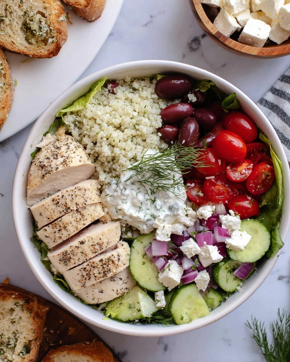 A white bowl on a white marbled surface is filled with a colorful layered salad. The bottom layer is a bed of green lettuce leaves. On the left side of the bowl, there are slices of light beige cooked chicken with black pepper seasoning, arranged in a fan shape. Next to the chicken is a section of small white grain-like cauliflower rice. To the right, there is a mix of red cherry tomatoes, dark purple olives, green cucumber pieces, and red onion slices, topped with white cubes of feta cheese sprinkled with dried herbs. In the center, a dollop of white creamy sauce with herbs rests, garnished with a sprig of green dill. Around the bowl, there are pieces of herb-seasoned bread on a white plate, and a wooden bowl with more feta cheese cubes. Photo taken with an iphone --ar 4:5 --v 7
