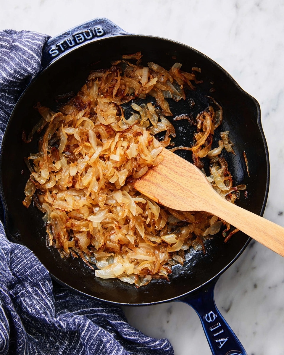 A black cast iron pan sits on a white marbled surface, filled with one layer of caramelized onions showing a mix of golden brown and light amber shades, soft and slightly curled in texture. A wooden spatula with a smooth light wood texture rests on top of the onions toward the right side of the pan. The pan handle has a dark blue end with the word
