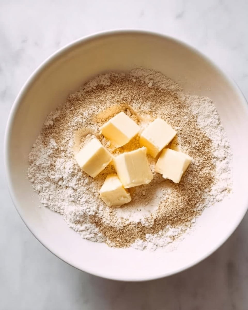 The image shows a white bowl filled with a mix of flour and brown spices, with five small pale yellow cubes of butter placed on top. The flour mixture has a powdery and slightly coarse texture, surrounding the smooth, soft butter cubes evenly spread across the center. The bowl sits on a white marbled surface, with soft natural lighting highlighting the textures clearly. photo taken with an iphone --ar 4:5 --v 7