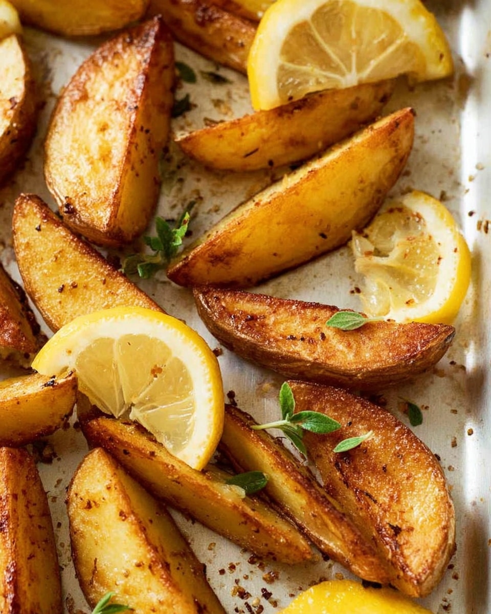 The image shows a close-up of golden-brown potato wedges arranged in a single layer on a white marbled surface. The wedges have a crispy texture with slightly darker edges and seasoning speckles visible on their surface. Mixed among the wedges are bright yellow lemon wedges with a smooth, shiny rind and juicy flesh. A few small green herb leaves are scattered around, adding a fresh touch to the warm colors of the potatoes and lemons. The whole scene has warm lighting that highlights the crispy texture and freshness of the ingredients. photo taken with an iphone --ar 4:5 --v 7