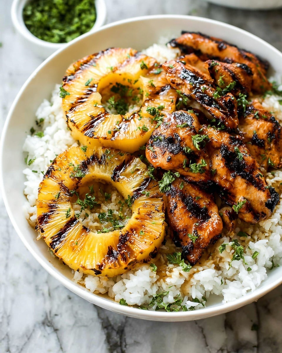 A white bowl filled with a base layer of white rice, topped with two large grilled pineapple rings that have dark grill marks, adding a textured pattern. Nestled between the pineapple rings are several pieces of grilled golden-brown chicken, also showing clear grill marks, giving a shiny and slightly caramelized look. Fresh green chopped herbs are sprinkled over the chicken and pineapple, adding a touch of color and freshness. The bowl sits on a white marbled surface, with a hint of a small white bowl of chopped herbs in the background. Photo taken with an iphone --ar 4:5 --v 7