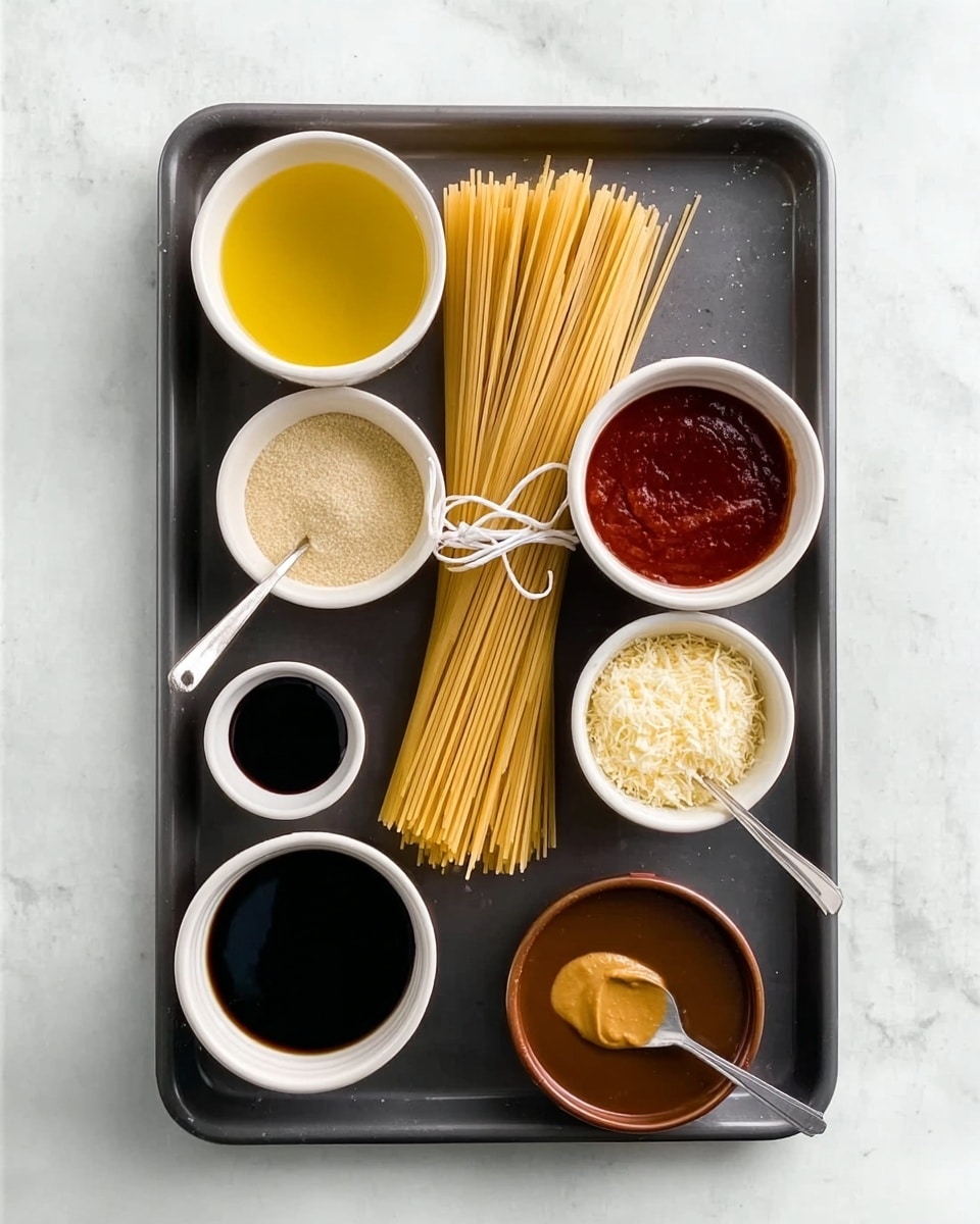 A dark grey baking tray holds a bundle of uncooked spaghetti tied with a white string, placed diagonally in the center. Around it, small white bowls hold different ingredients: bright yellow olive oil at top left, deep red sauce at top right, crumbly light beige cheese to the right of the sauce, dark soy sauce below the spaghetti, and light-colored liquids in two bowls at the bottom left and bottom center. A small brown bowl with a thick sauce sits at the bottom right, and a metal spoon with a pale mustard-yellow paste rests across the right bottom edge of the tray. The tray is set on a white marbled surface. Photo taken with an iphone --ar 4:5 --v 7