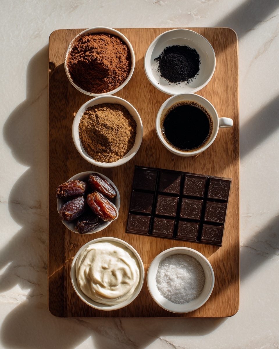 The image shows a wooden cutting board with several small white bowls arranged neatly on it, each containing different baking ingredients. From left to right, the top row has a bowl of brown powdery cocoa, a bowl of dark coffee or liquid, a bowl with black powder, and a bowl with a brownish liquid. The middle row features a bowl with a pile of brown powder and four dark brown dates placed next to two pieces of dark chocolate bars with square segments. The bottom row has a bowl filled with white cream-like substance and a small white bowl containing a white powder, likely salt. The whole setup is on a white marbled surface, with soft natural light casting shadows. photo taken with an iphone --ar 4:5 --v 7