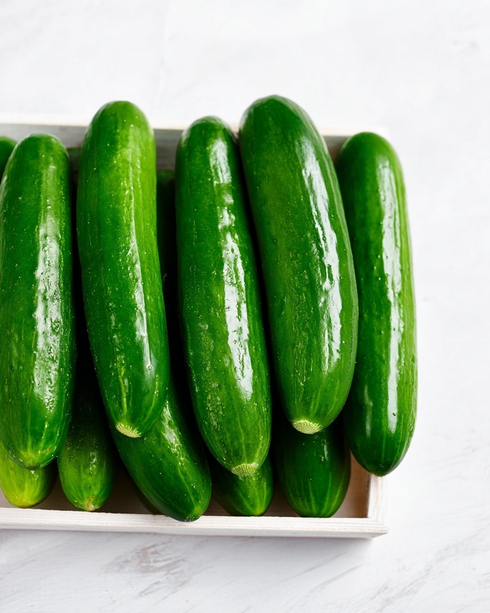 A group of eight shiny, dark green cucumbers are neatly placed in a white tray. The cucumbers have a smooth texture and are arranged in two slightly overlapping rows. The tray sits on a white marbled surface with a clean and bright background that makes the green color stand out clearly. The image captures the cucumbers closely, highlighting their fresh and crisp look photo taken with an iphone --ar 4:5 --v 7