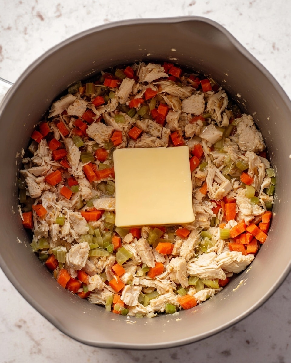 Inside a gray cooking pot, there is a mix of shredded light beige chicken pieces, small cubed orange carrots, and tiny chopped green celery scattered evenly around. In the center, there is a solid pale yellow square of cheese resting on top of the mixture. The pot is placed on a surface with a white marbled texture. photo taken with an iphone --ar 4:5 --v 7