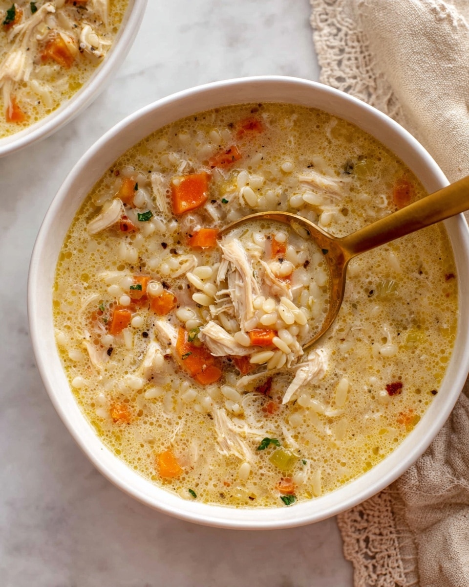 The image shows a white bowl filled with creamy chicken soup that has a light yellow broth base with a slight frothy texture. The soup has multiple layers of ingredients evenly spread: orange carrot chunks, small pearl-like white pasta, shredded light brown chicken pieces, and small pieces of green herbs and vegetables. A gold spoon inside the bowl scoops up some of the soup, emphasizing the mix of pasta and vegetables. The bowl is placed on a white marbled surface, and a beige cloth with lace edges is partially visible in the upper right corner. photo taken with an iphone --ar 4:5 --v 7