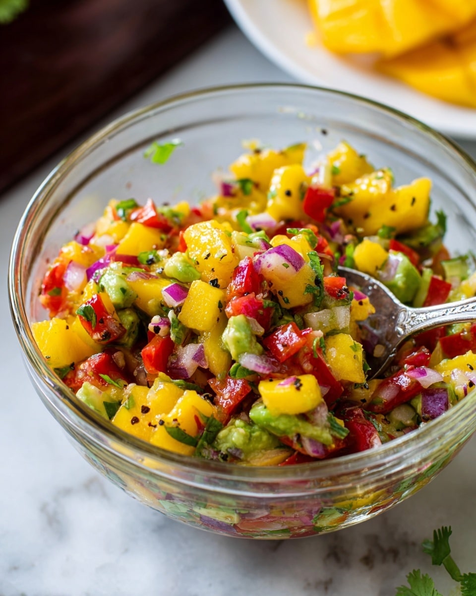 A clear glass bowl filled with a colorful salsa mix, showing three main layers of ingredients: bright yellow mango chunks, small green avocado pieces with creamy texture, and red bell peppers that add vivid color. There are also bits of purple onion and fresh green cilantro leaves scattered evenly throughout. The salsa has a fresh, slightly wet look with visible black pepper specks on top. A shiny silver spoon rests inside the bowl, and part of a white plate with some food is faintly visible in the background on a white marbled surface. photo taken with an iphone --ar 4:5 --v 7