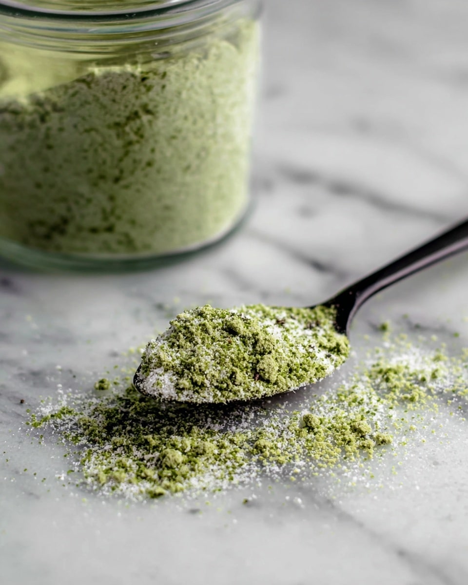 A close-up image shows a spoon scooping a pile of green powder mixed with white granules. The green powder looks fine with small bits of white mixed in, creating a textured look. The spoon is black and lies on a white marbled surface, with some powder spilled around the spoon. In the background, there is a blurry glass jar filled with the same green and white powder. The photo taken with an iphone --ar 4:5 --v 7