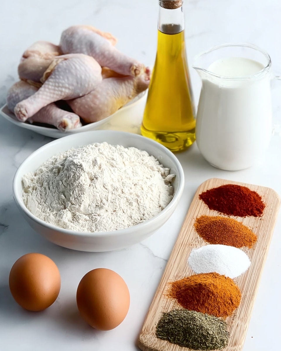 A white bowl full of white flour sits on a white marbled surface next to a clear glass bottle of golden oil. To the right, there is a white pitcher filled with milk placed near several raw chicken drumsticks. Two brown eggs are in front of the pitcher, and a small wooden board holds six piles of spices arranged in two rows, with colors ranging from light beige, orange, reddish-brown, dark green, and white. The image is bright and clean with all items spaced neatly photo taken with an iphone --ar 4:5 --v 7