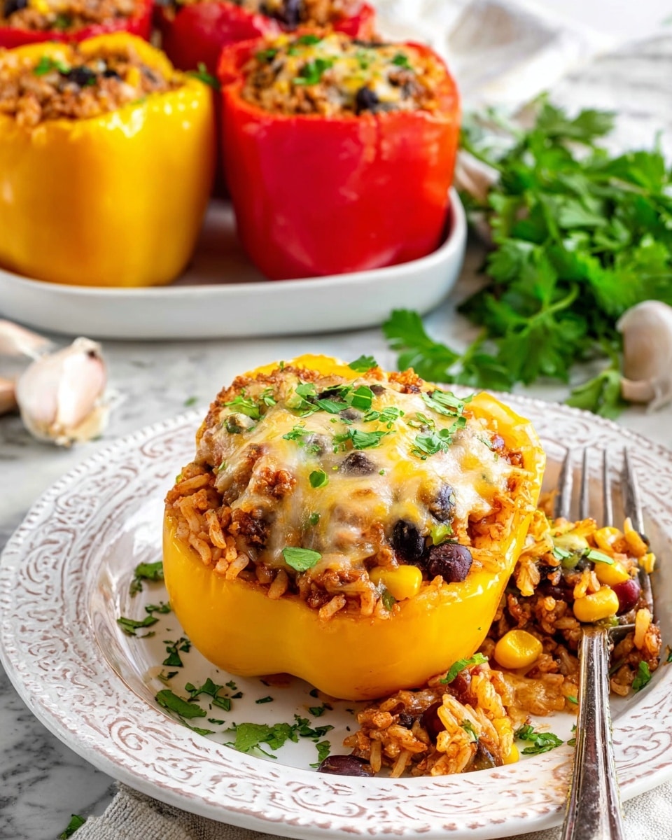 A close-up of a halved yellow stuffed bell pepper on a white plate with an ornate pattern, filled with cooked rice mixed with ground meat, corn, black beans, and small vegetable pieces, topped with melted cheese and sprinkled fresh green herbs; in the background, three whole stuffed bell peppers two red and one yellow are arranged on a white dish on a white marbled surface, with fresh green parsley and garlic cloves nearby, and a fork resting on the plate near the pepper. photo taken with an iphone --ar 4:5 --v 7