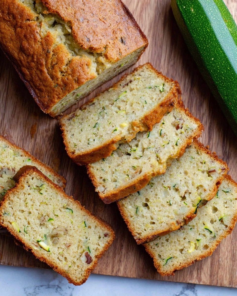 The image shows a loaf of zucchini bread sliced into eight pieces, placed on a wooden board. The bread has a golden-brown crust with a soft, light greenish-yellow inside that is dotted with small bits of zucchini and nuts. Four slices are laid flat around the main loaf, showing the moist and slightly crumbly texture inside. A whole green zucchini lies in the upper right corner of the board. The surface is a white marbled texture. photo taken with an iphone --ar 4:5 --v 7
