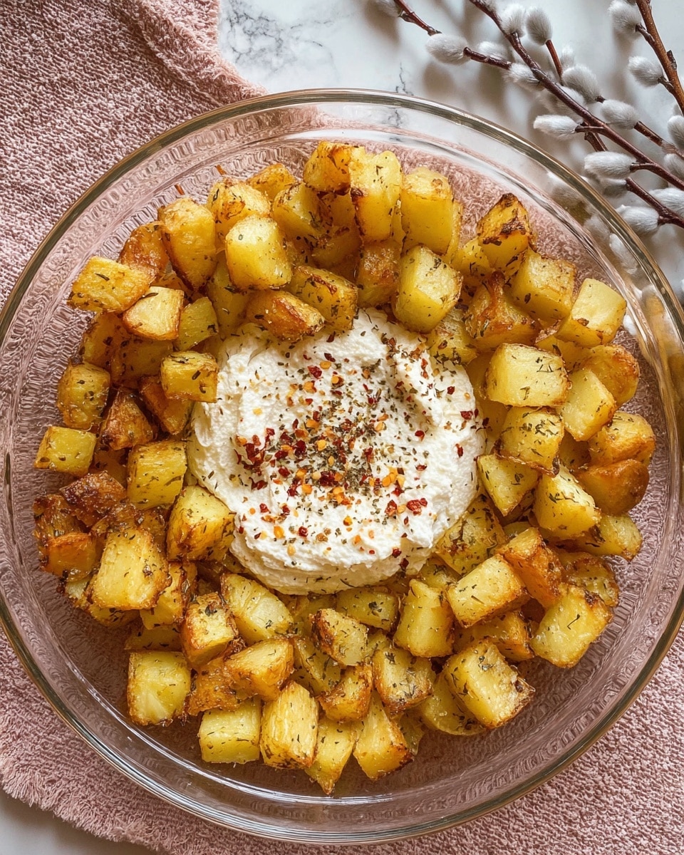 A clear glass dish holds one layer of golden roasted potato cubes seasoned with herbs, showing crispy browned edges and soft yellow centers spread around the edges. In the center, a circle of soft cream cheese is topped with specks of black pepper and red chili flakes, contrasting the warm potato colors. The dish is placed on a soft pink textured cloth with a branch of fuzzy white catkins visible at the top right corner, all set against a white marbled background photo taken with an iphone --ar 4:5 --v 7
