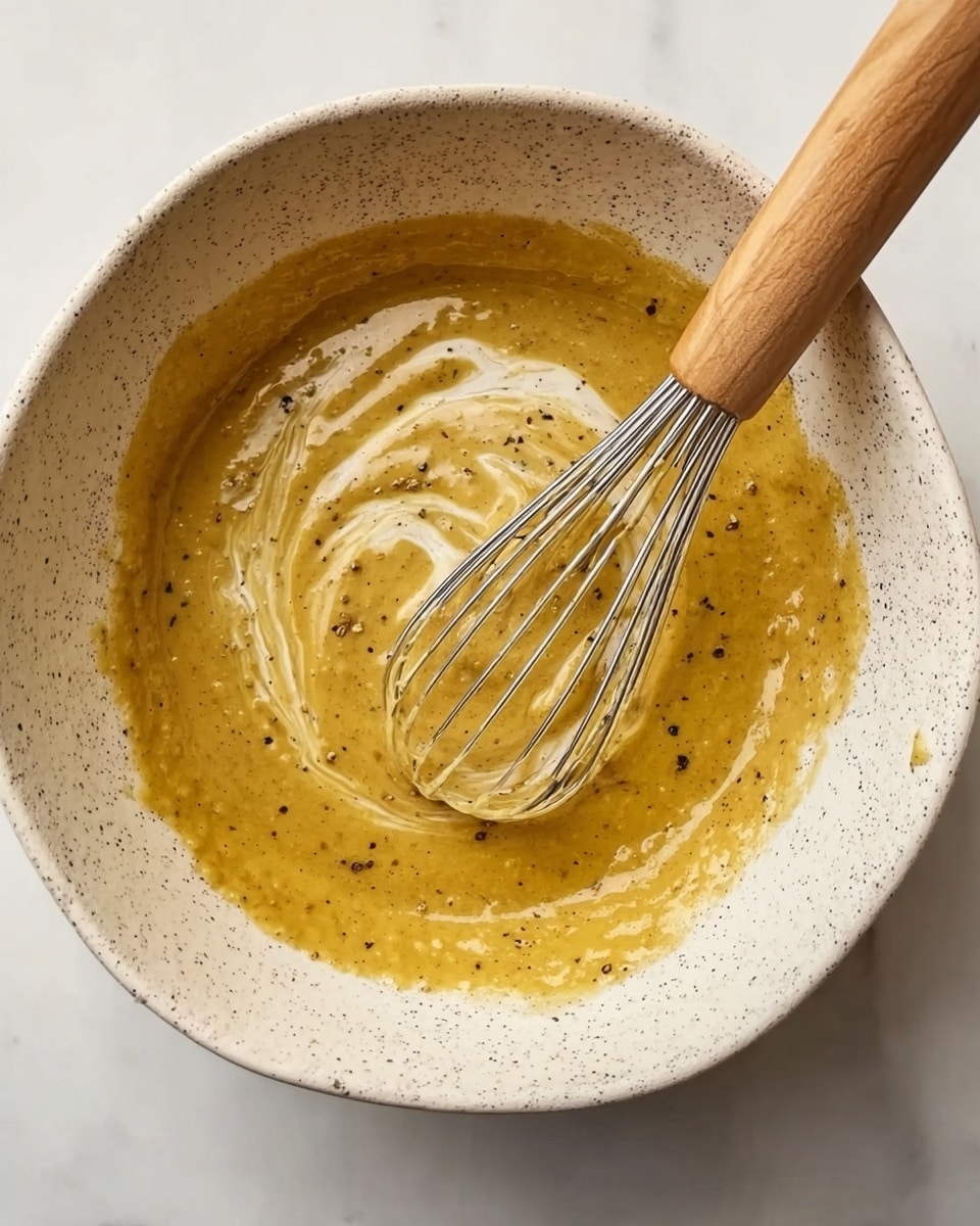 A white speckled bowl holds a thick mustard yellow mixture with a creamy white swirl in the middle. The texture looks smooth with some small black pepper flakes sprinkled on top. A metal whisk with a light wooden handle rests inside the bowl, partially covered by the mixture. The bowl sits on a white marbled surface. photo taken with an iphone --ar 4:5 --v 7