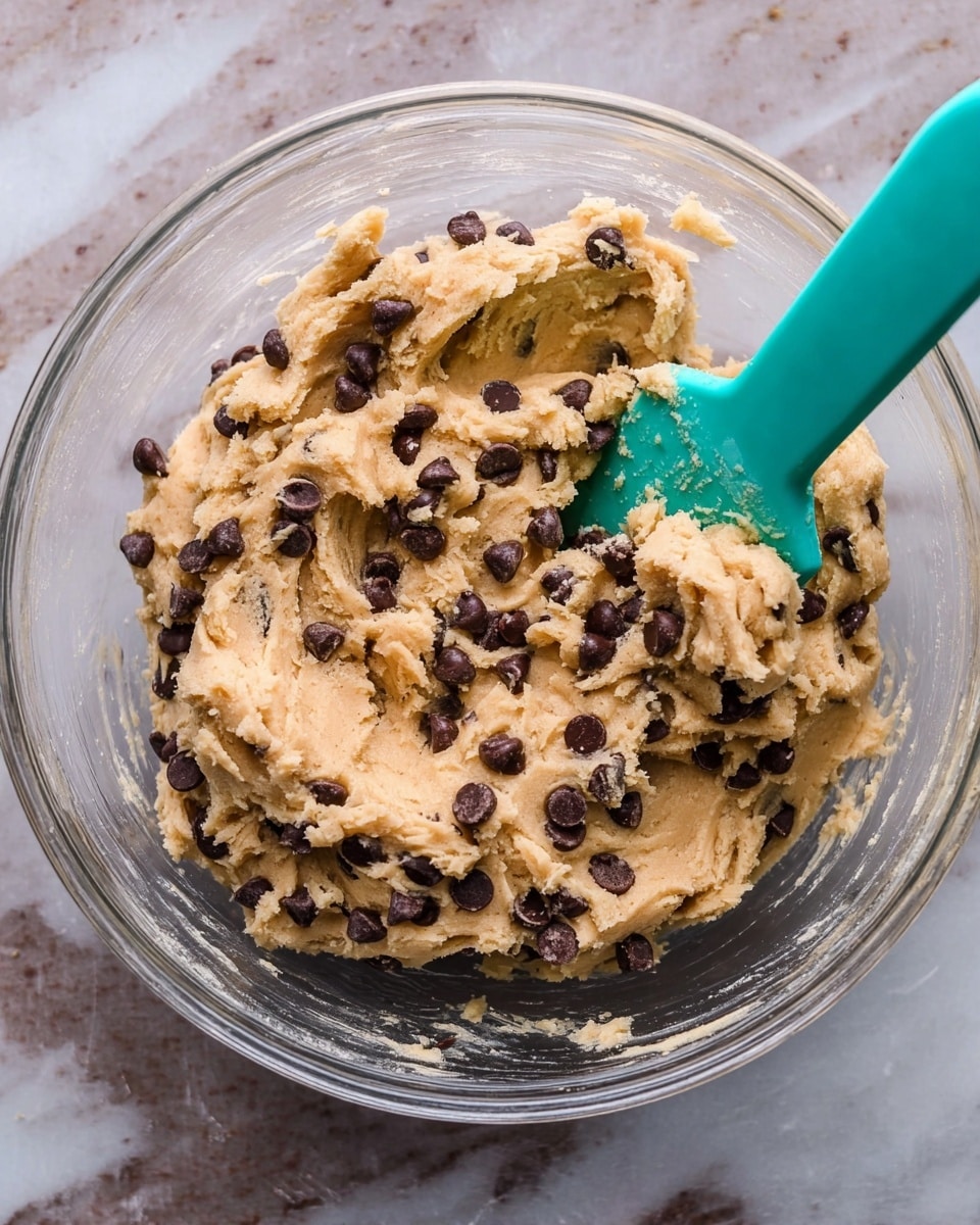 A clear glass bowl filled with thick, creamy light beige cookie dough mixed evenly with many small dark brown chocolate chips scattered throughout. A teal silicone spatula is partially inserted on the right side, blending the dough. The bowl is set on a white marbled surface that contrasts with the dough and the spatula. The dough texture looks soft with some rough parts from mixing. photo taken with an iphone --ar 4:5 --v 7