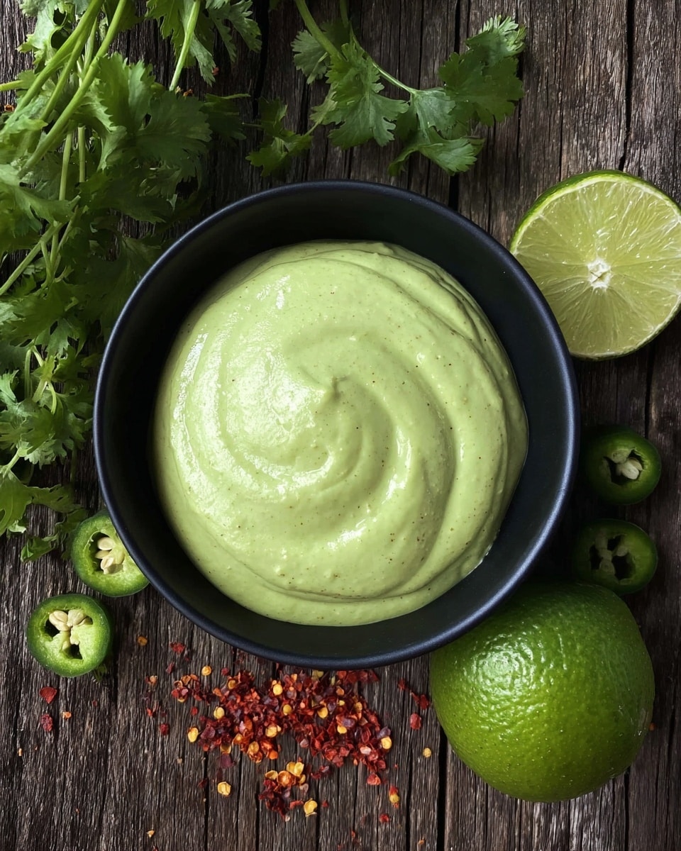 A black bowl filled with a thick, smooth, pale green sauce that has soft swirls on top, sitting on a dark wooden surface. Around the bowl, there are sprigs of fresh green cilantro leaves, one lime cut in half showing its light green inside, whole green limes, sliced green chili peppers, and some red chili flakes scattered nearby. The bowl is centered in the image, and the textures of the sauce and garnishes stand out clearly. photo taken with an iphone --ar 4:5 --v 7