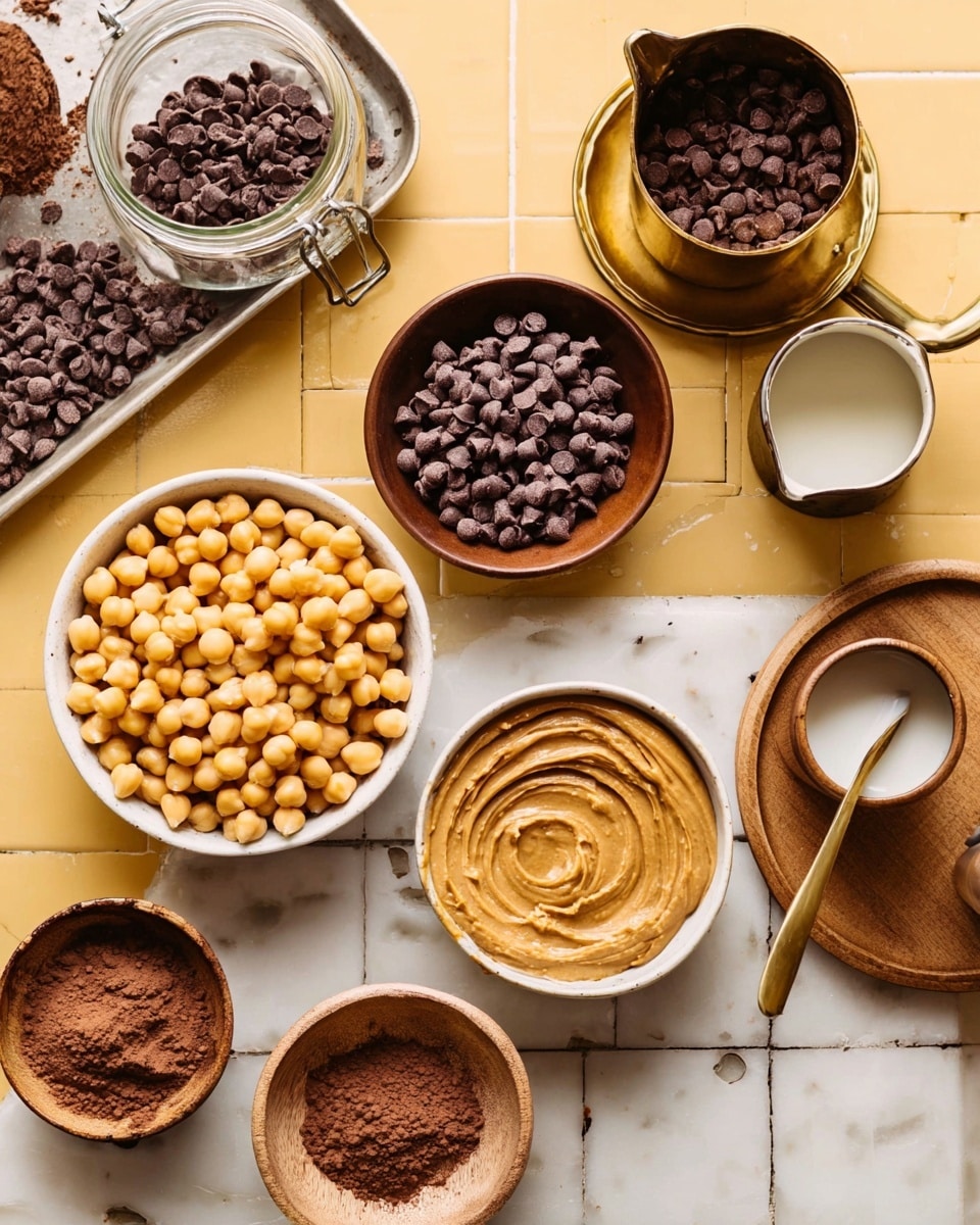The image shows a top view of several bowls and containers on a yellow tiled surface, changed in the edit to a white marbled texture. At the bottom left, there is a white bowl filled with pale yellow chickpeas. To the right of it, a smaller white bowl contains smooth, light brown peanut butter with swirled texture on top. Above the peanut butter is a brown bowl filled with small, dark brown chocolate chips. On the top left, a glass jar also filled with chocolate chips rests on a tray. At the top right, a brass pot holds more chocolate chips, with a small white jug containing a dark liquid nearby. A wooden plate below the jug holds a glass of milk, while a small bowl with a cracked dark brown powder sits in the middle bottom. The whole setup is on a bright white marbled surface. photo taken with an iphone --ar 4:5 --v 7