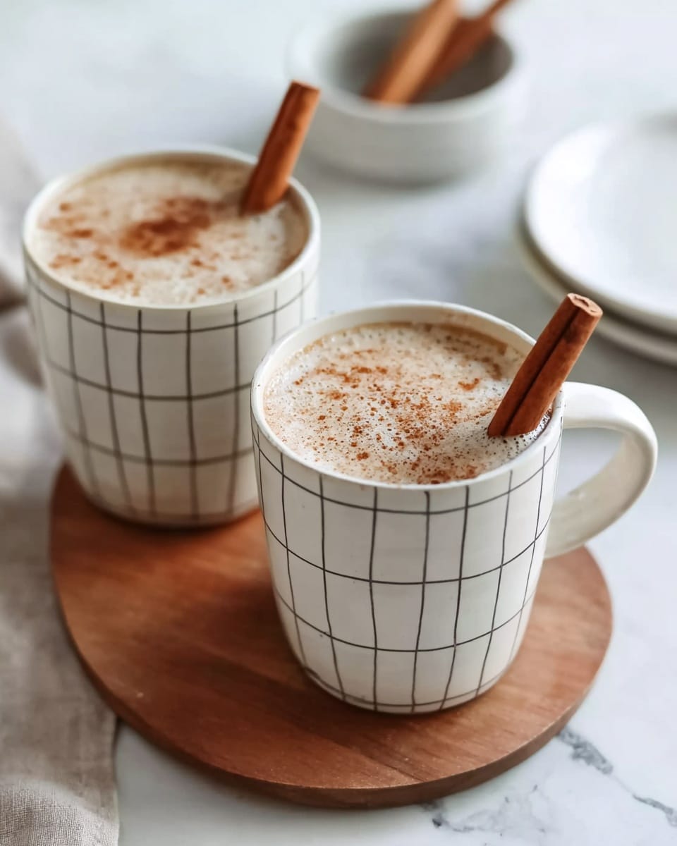 Two white ceramic mugs with gray grid lines are filled with a frothy, light beige drink, each topped with a sprinkle of cinnamon powder, and each has a cinnamon stick placed vertically inside. The mugs are placed on a round wooden board that sits on a white marbled surface. In the background, there is a blurred white bowl with a cinnamon stick resting on it, and part of a white plate is visible on the right side. The lighting is soft and natural, adding a warm feeling to the scene. photo taken with an iphone --ar 4:5 --v 7