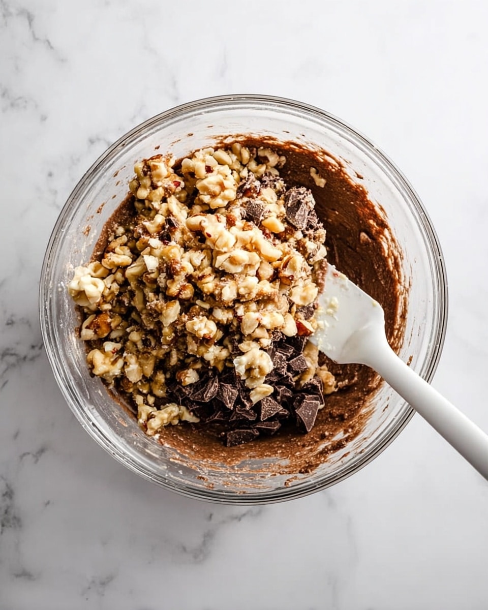 A clear glass bowl sits on a white marbled surface, filled with a mixture comprising three layers: the bottom layer is a thick, smooth, dark brown batter; the middle layer contains uneven chunks of dark chocolate pieces scattered across the batter; the top layer is a dense cluster of chopped nuts, mainly light brown with specks of reddish-brown skin, slightly covering the chocolate. A white spatula with some batter on it rests partly inside the bowl, leaning to the right side. photo taken with an iphone --ar 4:5 --v 7