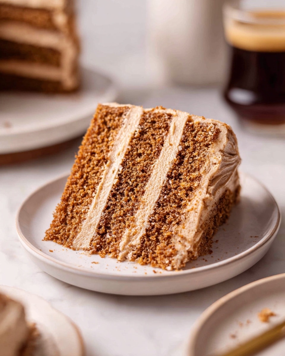 A close-up of a three-layer brown cake slice with a smooth light brown frosting layer between each cake layer as well as a thin frosting covering on the outside edges. The cake sits on a white plate which is placed on a white marbled surface. In the background, there are blurred white plates with cake crumbs and a dark-colored beverage in a glass on the right side. Photo taken with an iphone --ar 4:5 --v 7