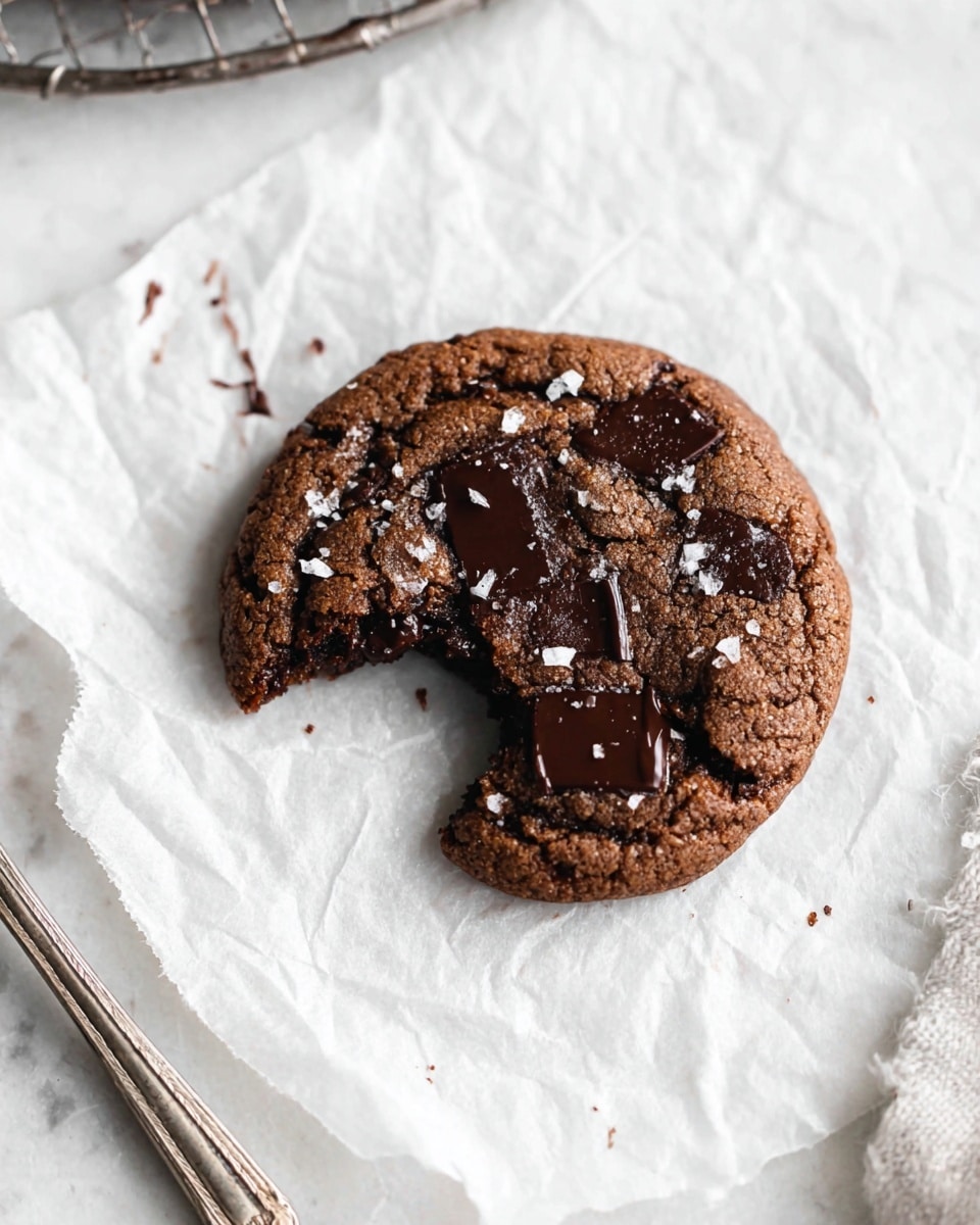 A single chocolate cookie with a bite taken out of it sits on a white crumpled parchment paper. The cookie is brown and soft with large dark melted chocolate chunks spread on top. A few large grains of white salt are sprinkled on its rough textured surface. The cookie rests on a white marbled surface with a metal cooling rack partially visible in the top left corner and an old silver utensil handle at the bottom left corner. Photo taken with an iphone --ar 4:5 --v 7