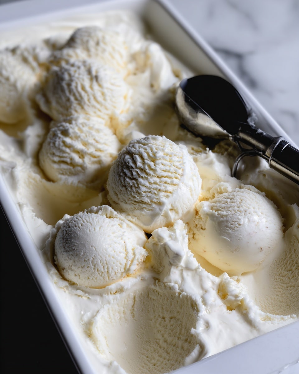 The image shows a large white tray filled with creamy vanilla ice cream scoops, piled high in a soft, smooth texture with some areas slightly melting around the edges. There is a black ice cream scoop resting in the tray, partially covering some of the ice cream. The creamy white ice cream has small visible vanilla bean specks and looks rich and thick. The tray is placed on a white marbled surface. Photo taken with an iphone --ar 4:5 --v 7
