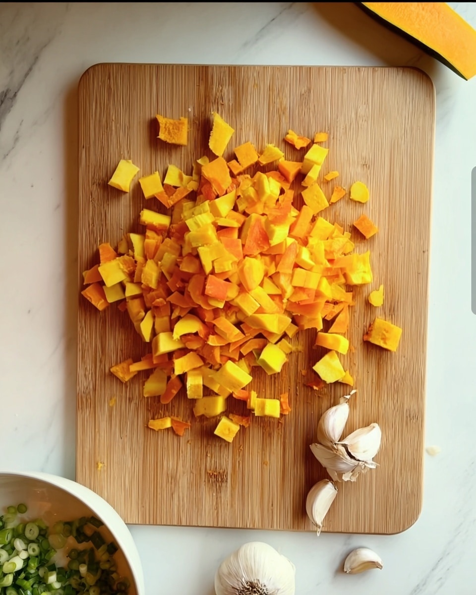 A wooden cutting board covered with small, bright orange and yellow chunks of a vegetable, with a long strip of peel lying beside the pile on a white marbled surface. Below the board, there are three garlic cloves, a whole shallot, and chopped green vegetables in a white bowl partially visible on the edge. A woman's hand is seen near the bottom right corner. photo taken with an iphone --ar 4:5 --v 7