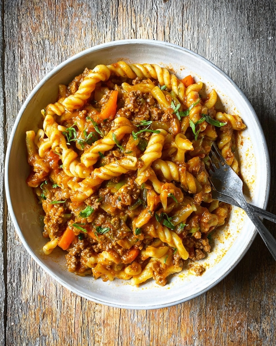 A white bowl filled with four layers of twisted pasta pieces, covered in a thick, rich orange-brown sauce mixed with small chunks of ground meat and diced orange vegetables, likely carrots. The sauce looks slightly glossy and coats the pasta well, with green herb leaves sprinkled on top for garnish. A silver fork is placed on the right side of the bowl, resting inside the pasta. The bowl is set on a rustic wooden surface, which appears textured and weathered. photo taken with an iphone --ar 4:5 --v 7