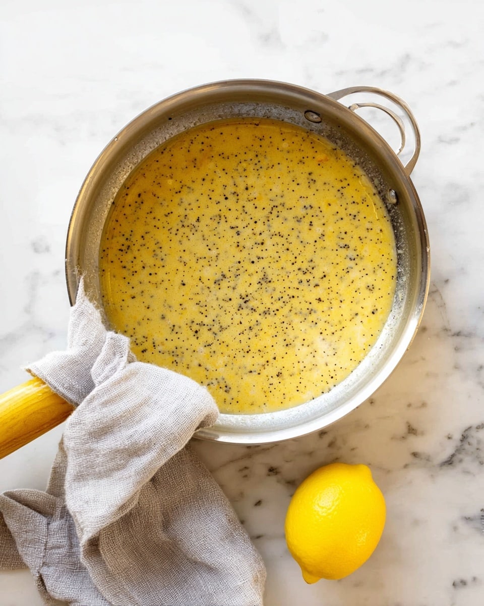 A silver pan filled with a yellowish sauce that has small black and white specks on its smooth surface, resting on a white marbled countertop. The pan handles are visible, one with a yellow and metal tip wrapped in a light gray cloth. A small bright yellow lemon sits to the right of the pan on the same white marbled surface. photo taken with an iphone --ar 4:5 --v 7