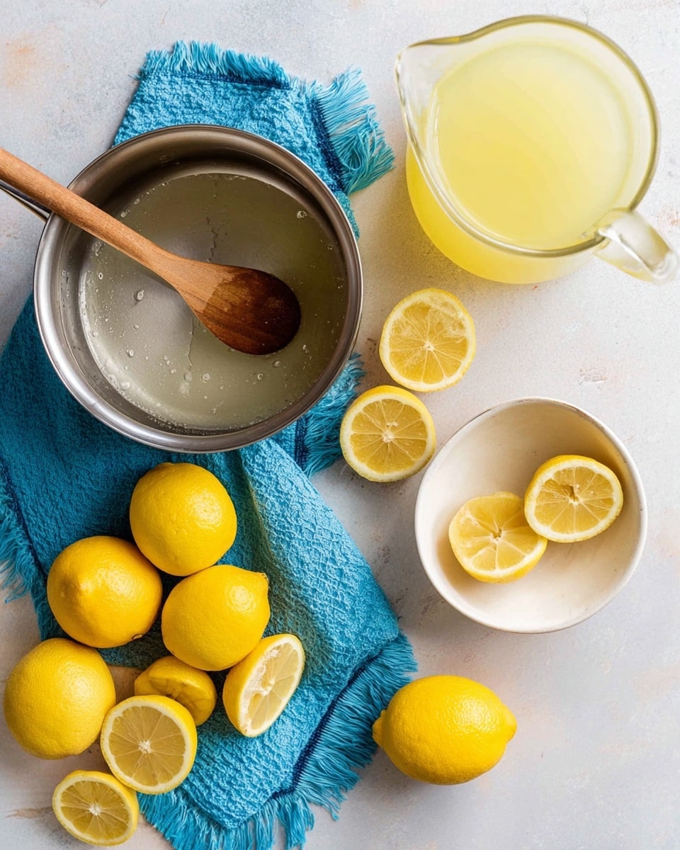 The image shows a cooking scene with many half-peeled lemons arranged around the center on a white marbled surface. On the bottom left, there is a shiny stainless steel pot with a wooden spoon inside, resting on a blue cloth. Towards the top right, there is a clear glass pitcher filled with light yellow lemon juice. Next to the pitcher is a white bowl holding a single whole lemon. The overall colors include bright yellow from the lemons, light metal gray of the pot, blue from the cloth, and clear glass of the pitcher, all set on the white marbled background. Photo taken with an iphone --ar 4:5 --v 7