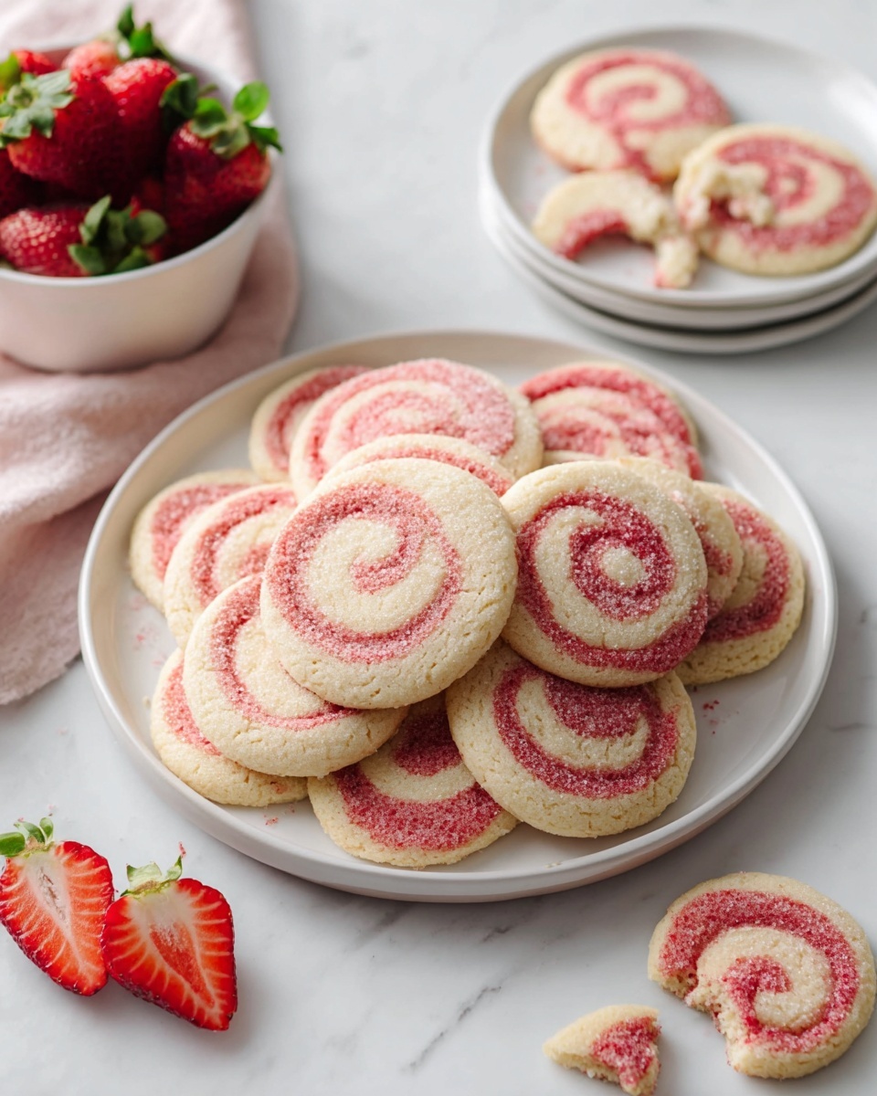 A large white plate holds about fifteen swirl cookies, each with two layers the top layer is light cream color and the swirl layer is pinkish-red with a slightly grainy sugar texture, forming a spiral pattern on each cookie. Around the main plate, a couple of smaller white plates also contain a few cookies one plate shows one cookie with a bite taken out of it. To the top left, a white bowl filled with fresh bright red strawberries with green leaves is partially visible, and two strawberry halves lie on the white marbled surface nearby. The whole scene is set on a white marbled background with soft natural light. photo taken with an iphone --ar 4:5 --v 7
