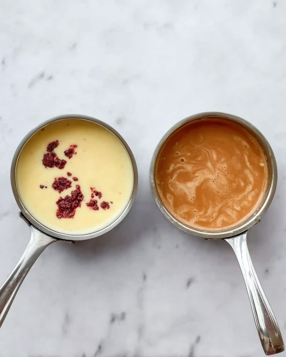 The image shows two small silver saucepans side by side on a white marbled background. The left saucepan has a pale yellow creamy liquid with a few dark red clumps floating on top, while the right saucepan contains a smooth light brown liquid with slightly uneven swirls on its surface. Both saucepans have a shiny silver handle pointing to the right. photo taken with an iphone --ar 4:5 --v 7