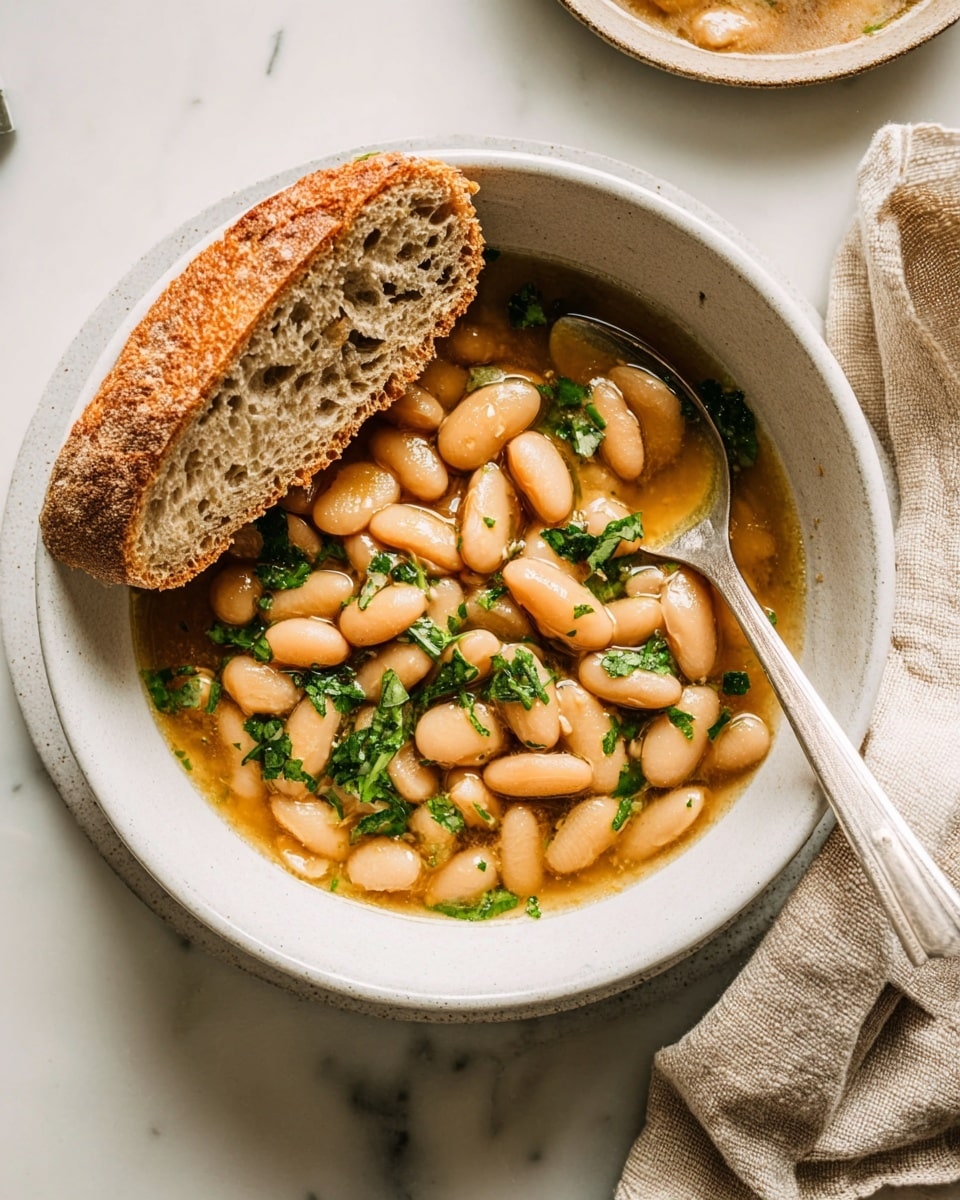 A white bowl filled with soft beans in a light brown broth, sprinkled with fresh green herbs on top. A silver spoon stands inside the bowl next to a thick slice of brown bread resting on the edge. The bowl sits on a white marbled surface next to a beige cloth. The scene is bright and warm, showing a close and clear view of the food. photo taken with an iphone --ar 4:5 --v 7