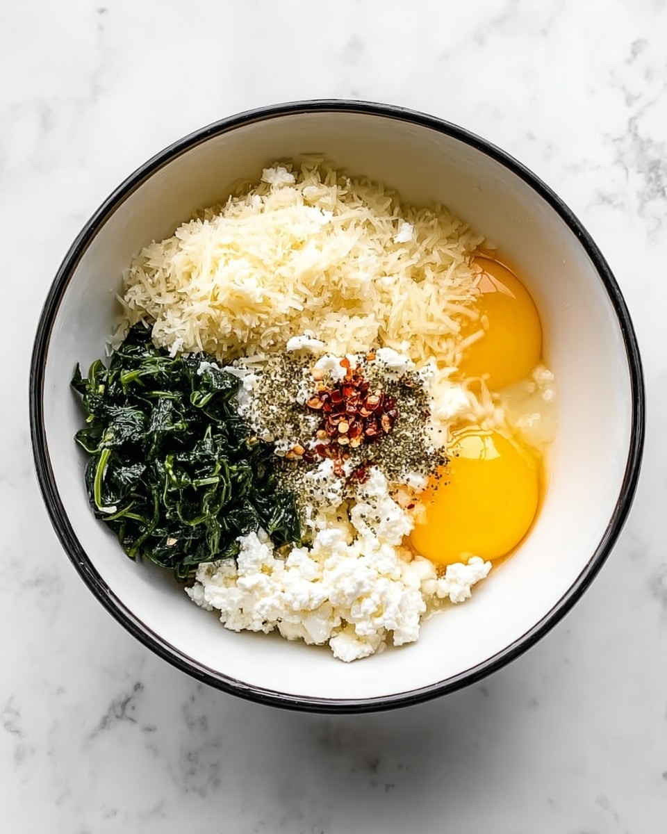 A white bowl with a black rim holds separate layers of ingredients: bright yellow raw egg yolks and egg whites on the right side, soft white cottage cheese just below the eggs, finely shredded white cheese on the top left, dark green chopped spinach in two clumps on the bottom left, and a sprinkle of black pepper and red chili flakes in the center on top of white cheese. The bowl is set on a white marbled surface. Photo taken with an iphone --ar 4:5 --v 7