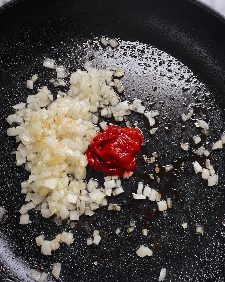 A close-up view inside a black pan shows one layer of small chopped white onions spread around the edges and scattered in the middle, with a dollop of bright red tomato paste placed near the center. The black surface of the pan is slightly shiny with oil and has some texture marks. The background is a white marbled texture photo taken with an iphone --ar 4:5 --v 7
