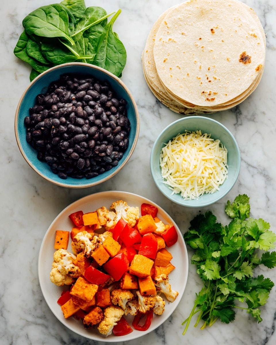 The image shows four main food elements arranged on a white marbled surface: a white plate with grilled mixed vegetables including orange cubes, red bell peppers, and light-colored cauliflower pieces; a smaller white bowl filled with shiny black beans; a small light blue bowl holding pale shredded cheese; and a stack of light beige corn tortillas cut into halves placed next to fresh green spinach leaves on the top left. Fresh green cilantro leaves are placed near the bottom right. The colors vary from bright orange, red, black, creamy beige, and fresh green, creating a fresh and vibrant look. photo taken with an iphone --ar 4:5 --v 7