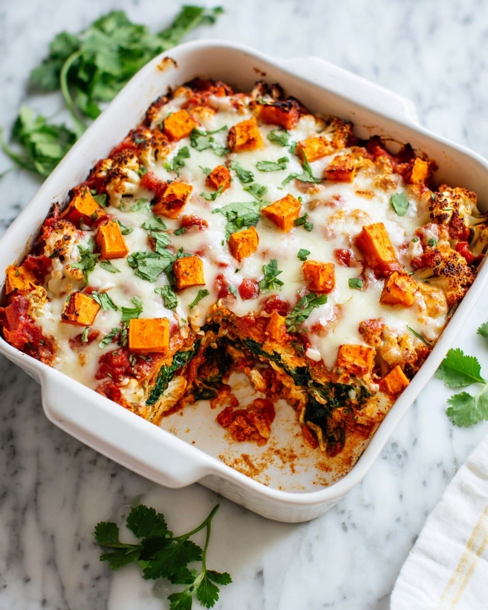 A white square baking dish filled with a baked casserole showing three visible layers: the bottom layer with green leafy spinach, the middle layer filled with chunky red tomato sauce and pieces of cauliflower, and the top layer covered with melted white cheese and scattered bright orange cubes of sweet potato. Some fresh green cilantro leaves are sprinkled on top and around the edges. The dish is placed on a white marbled texture surface with a few sprigs of cilantro nearby. photo taken with an iphone --ar 4:5 --v 7