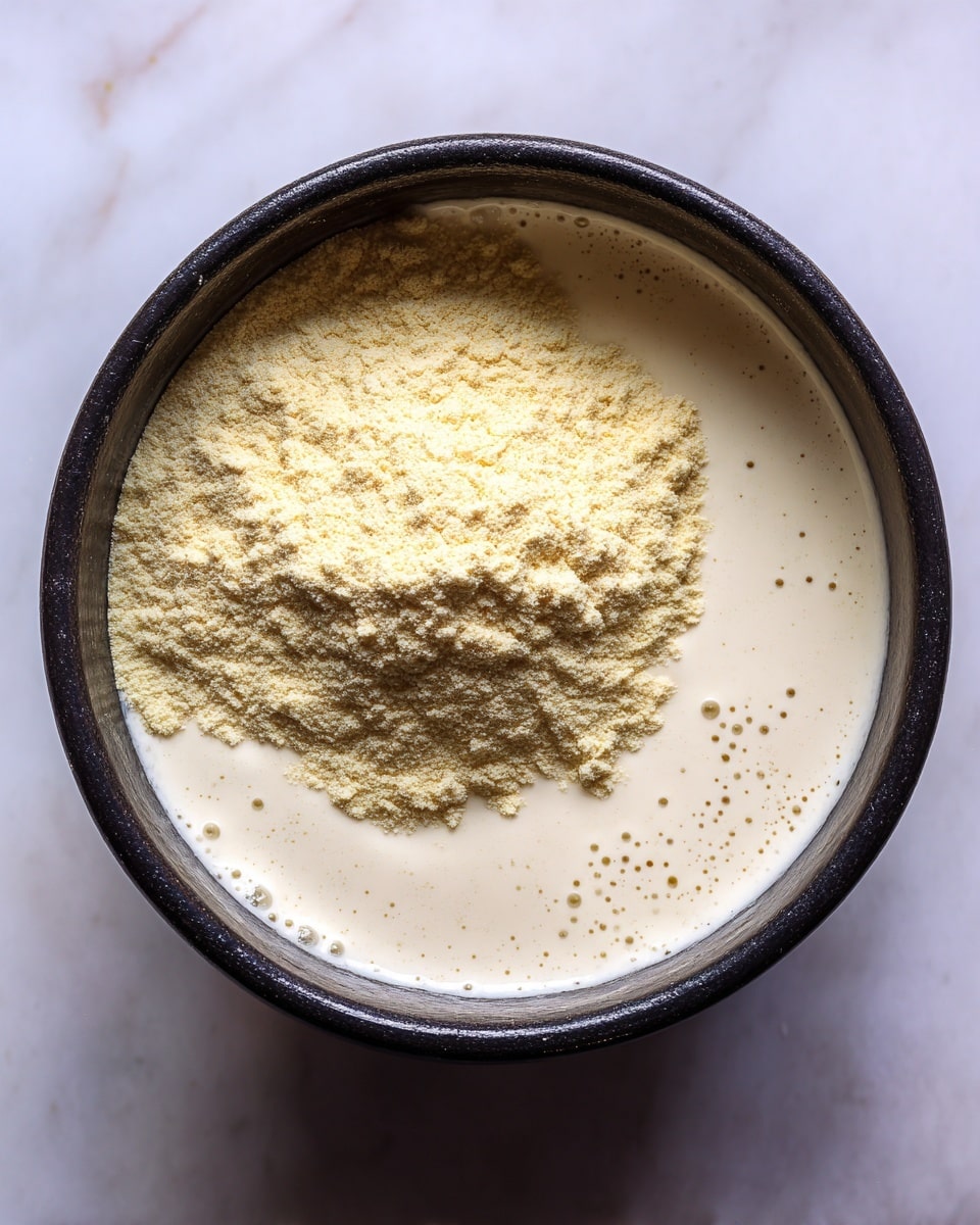 The image shows a close-up view of a pot filled with a thick white creamy mixture, with a mound of fine yellowish powder sitting in the middle, slightly raised above the surface. Surrounding the powder, the creamy base has small bubbles and a smooth texture, creating a contrast in color with a light yellow area on the right side. The inside of the pot is black, framing the creamy white and yellow mixture inside. The photo was taken on a white marbled surface. photo taken with an iphone --ar 4:5 --v 7