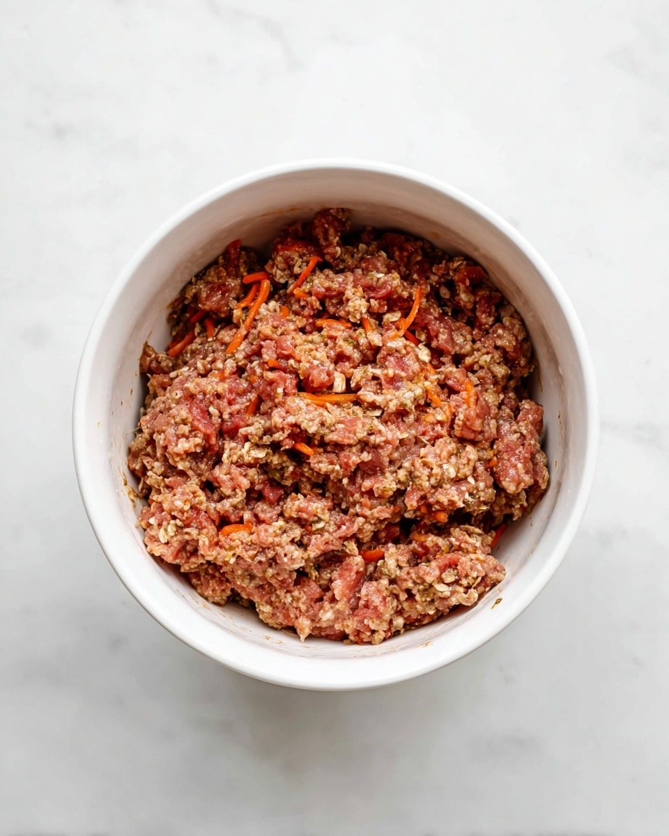 A white bowl filled with a mixture of raw ground meat that has a coarse texture, showing bits of orange carrot strands and some small pieces of oats scattered throughout. The meat mixture looks moist and unevenly mixed with visible fibrous textures and clumps. The bowl sits on a white marbled surface, and the image is taken from above, showing the open top of the bowl clearly. photo taken with an iphone --ar 4:5 --v 7