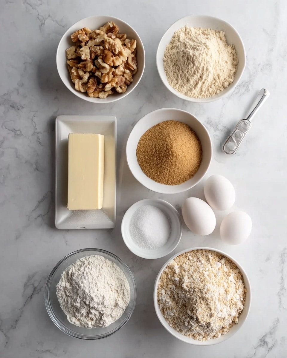The image shows a white marbled surface with baking ingredients neatly arranged. There are three white bowls on the top row: one with sliced nuts, another filled with light beige flour, and a third containing brown sugar. Below them, there is a stick of butter and two white eggs placed next to a small white bowl filled with white granulated sugar. On the bottom row, there is a clear glass bowl filled with white flour and a white bowl with a grainy, light-colored ingredient. A metal measuring spoon is partly visible in the lower right corner. photo taken with an iphone --ar 4:5 --v 7