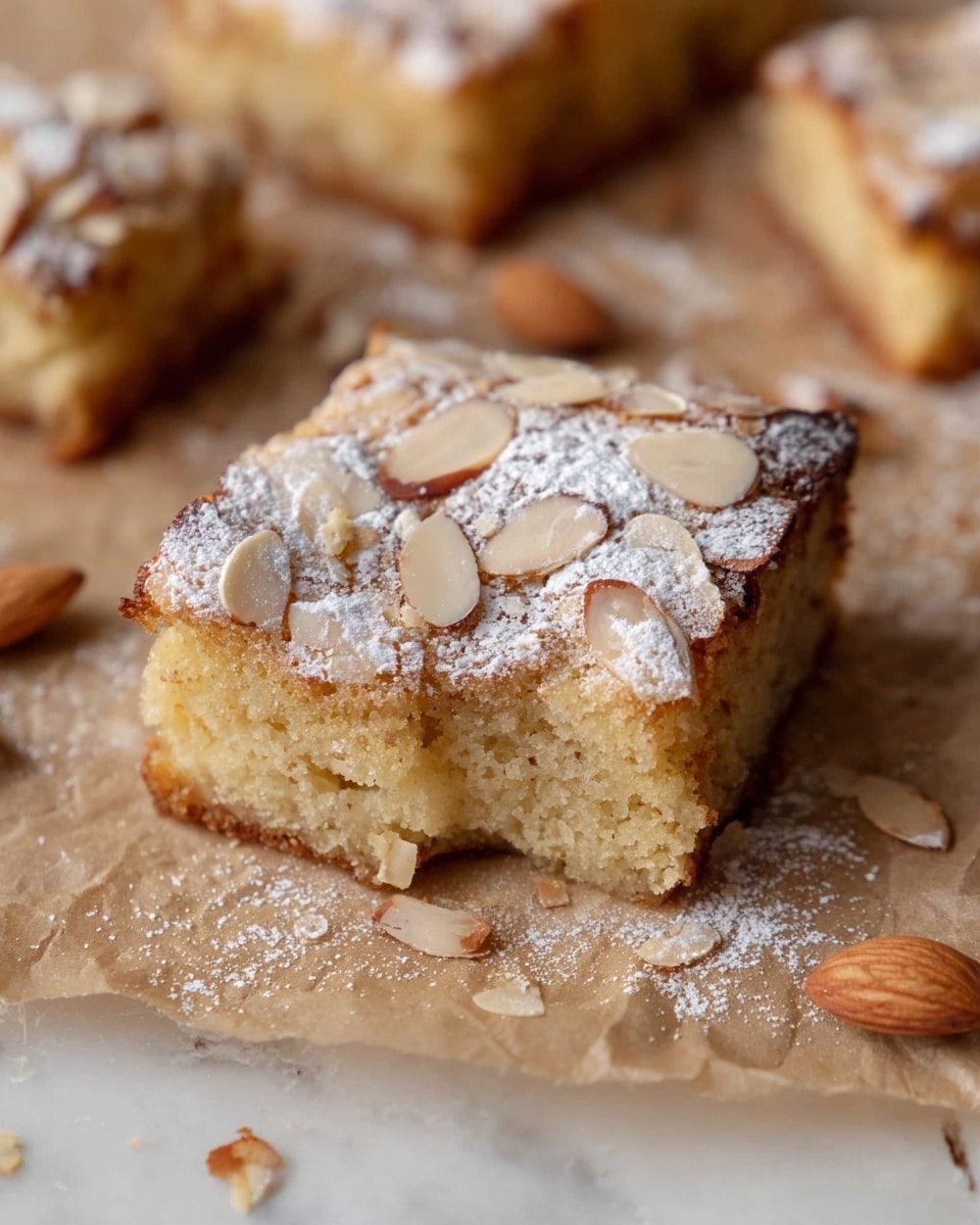 A square piece of light golden brown cake with a soft crumb is centered on brown parchment paper, showing a small bite on one corner. The top layer is covered with thin slices of toasted almonds and dusted with a light, white powdered sugar, adding a delicate texture and contrast. Around the main piece, there are more almond slices scattered on the parchment, and blurred pieces of the same cake are in the background on the white marbled surface. The photo taken with an iphone --ar 4:5 --v 7