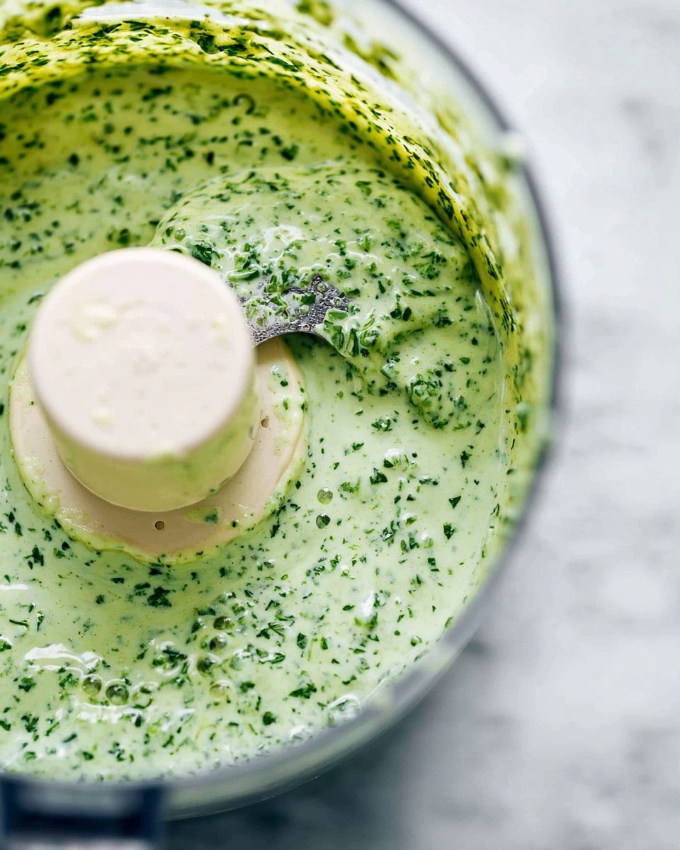 A close-up view of a food processor bowl filled with a light green sauce speckled with finely chopped darker green herbs, creating a textured, slightly bubbly surface. The center blade in the bowl is coated with the sauce, showing a smooth, creamy consistency with visible tiny air bubbles and herb pieces throughout. The clear plastic of the bowl contrasts with the vibrant green sauce inside, and the whole scene sits on a white marbled surface. photo taken with an iphone --ar 4:5 --v 7
