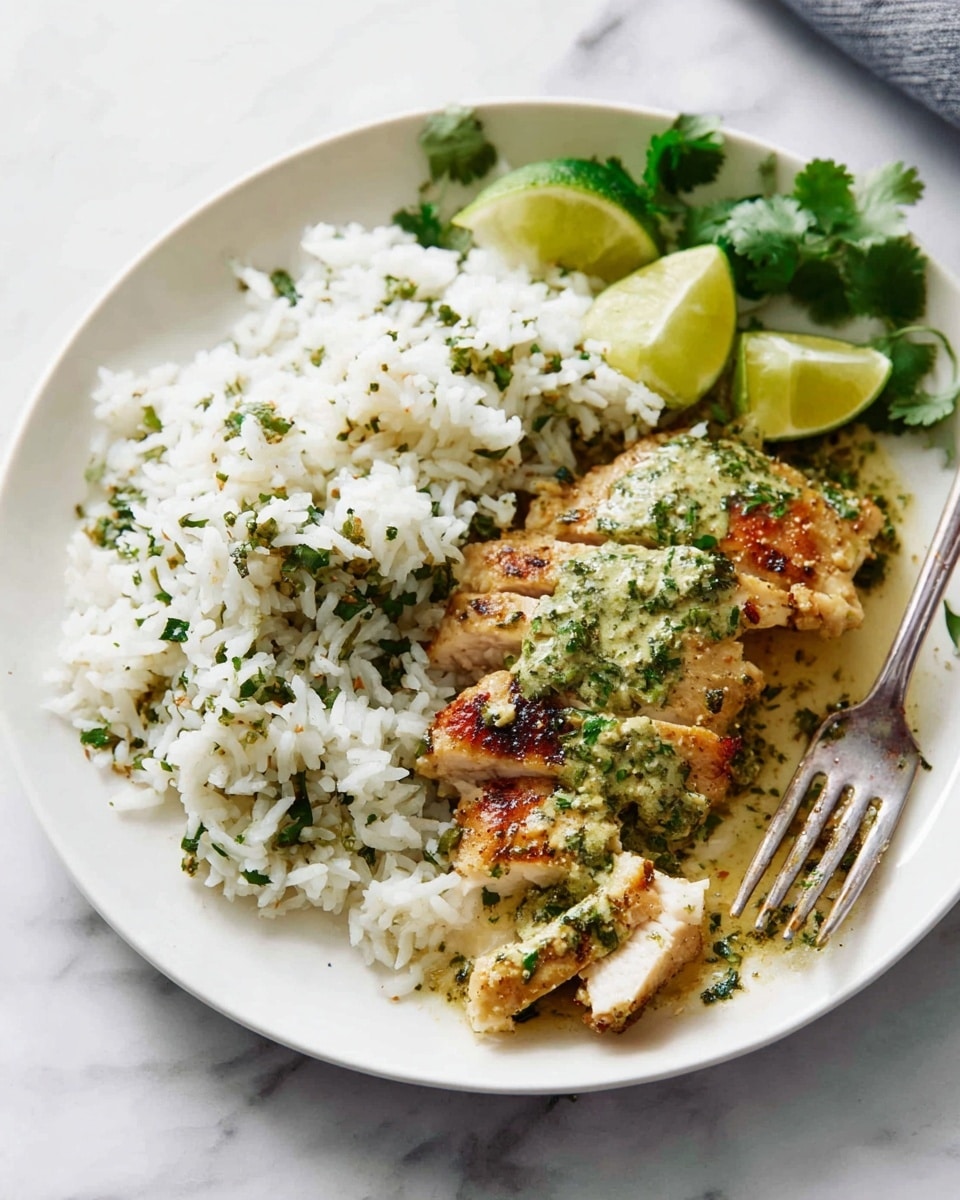 A white plate on a white marbled surface holds a meal with two main layers: on the left, a pile of fluffy white rice mixed with green herbs, giving it specks of dark and light green; on the right, pieces of cooked chicken with a golden-brown crust topped with a light green herb sauce. At the back of the plate, there are two lime halves, one slightly squeezed, and some fresh cilantro leaves. A fork rests on the right side of the plate, partially under the chicken. photo taken with an iphone --ar 4:5 --v 7