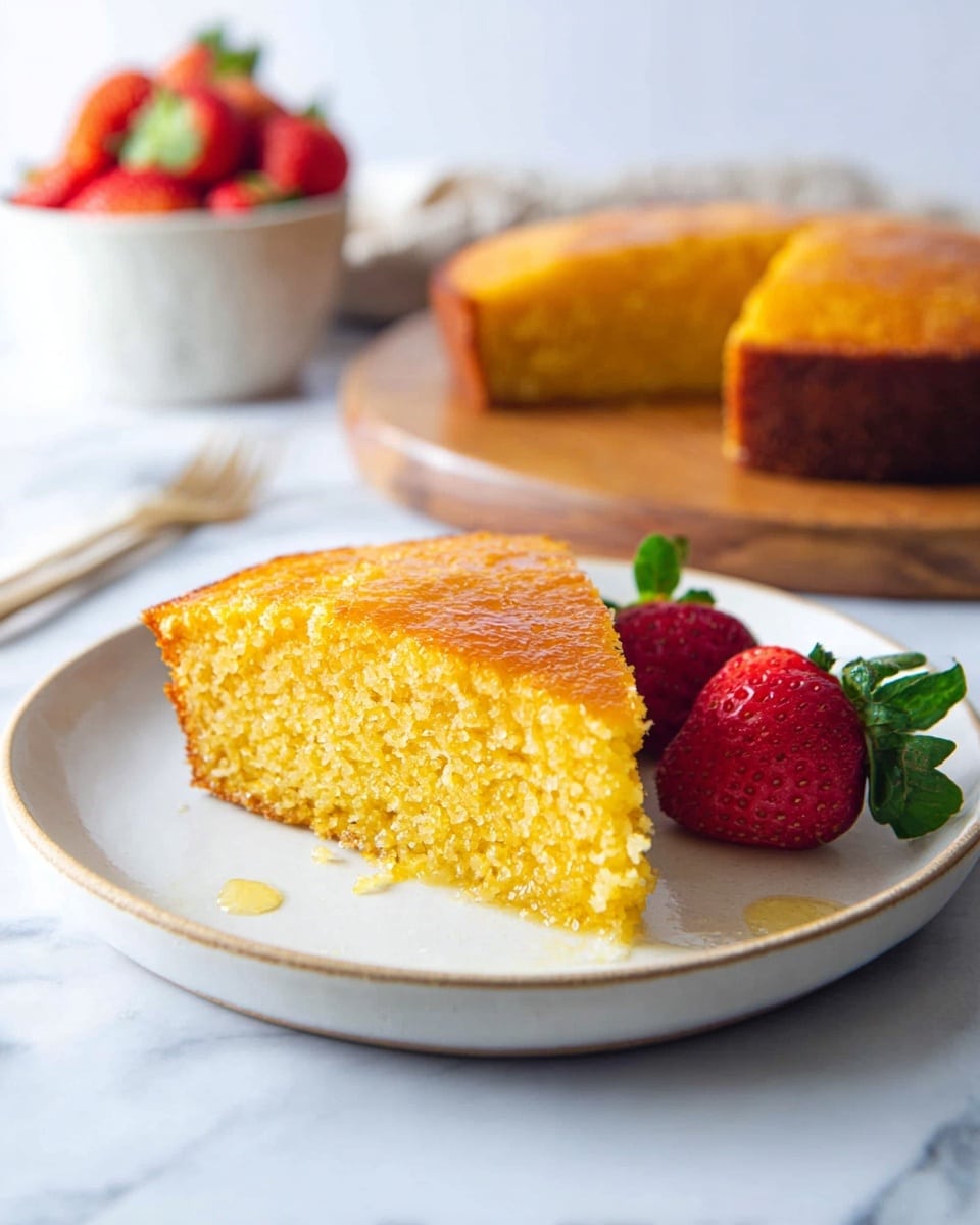 A slice of golden yellow cornbread with a shiny, slightly sticky top layer sits on a white plate. The cornbread texture looks moist and dense, with a darker browned bottom edge. Next to the slice, two bright red strawberries with green leaves add a fresh contrast. In the background, a round cornbread with one slice missing rests on a wooden board, and a white bowl filled with vibrant strawberries is slightly blurred. The setting is on a white marbled surface with soft natural light, and a fork is placed behind the plate. Photo taken with an iphone --ar 4:5 --v 7