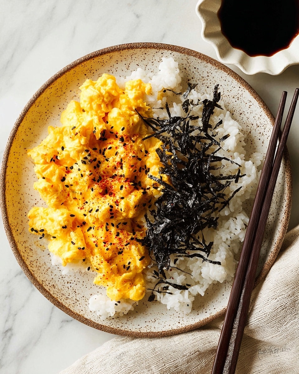 A white plate with a brown speckled rim holds two main layers: fluffy white rice forms the base layer, topped on one side with bright yellow scrambled eggs that look soft and creamy, sprinkled lightly with red spice and black sesame seeds. On the other side of the rice, there are thin, dark strips of seaweed scattered over the surface. Next to the plate, dark brown chopsticks rest pointing downwards, and in the upper right corner, a small white dish with a wavy edge contains dark soy sauce. All items are set on a white marbled surface, with a light beige cloth partly visible under the plate. photo taken with an iphone --ar 4:5 --v 7