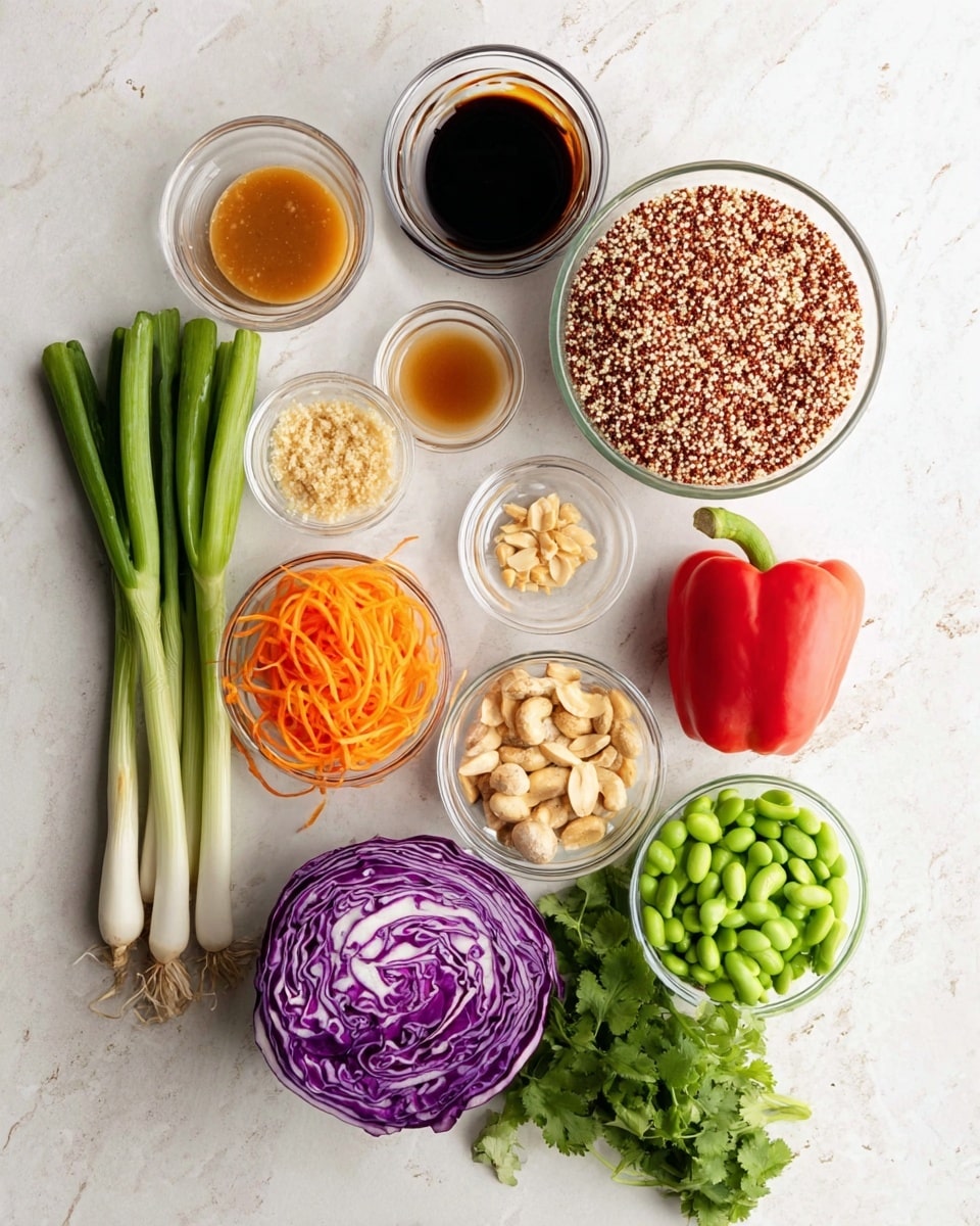 The image shows an overhead view of various fresh ingredients neatly arranged on a white marbled surface. In the center is a bowl filled with mixed red and white quinoa grains. Surrounding this bowl are smaller glass bowls holding dark soy sauce, a amber-colored liquid, creamy peanut sauce, crushed ginger, minced garlic, and a clear liquid. There is also a bowl with green edamame beans, another with shredded orange carrots, and a small bowl of pale peanuts. Fresh vegetables include half of a purple cabbage with detailed purple and white layers, a whole small red onion, two long green onions with white bases and roots, a bright red bell pepper, and a bunch of fresh green cilantro. The colors are vivid and the textures vary from smooth liquids to leafy herbs and crunchy vegetables. photo taken with an iphone --ar 4:5 --v 7