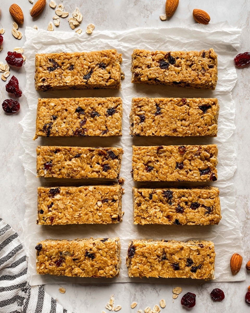 The image shows eight rectangular granola bars arranged in two neat columns on a piece of crinkled white parchment paper. Each bar has a rough, textured surface with visible oats and dark dried fruit pieces scattered throughout. The bars have a warm golden brown color with hints of darker brown from the fruit. Around the parchment, there are scattered whole almonds, dried cranberries, and oat flakes for decoration. At the bottom left corner, part of a white and gray striped cloth can be seen. The background is a white marbled texture photo taken with an iphone --ar 4:5 --v 7