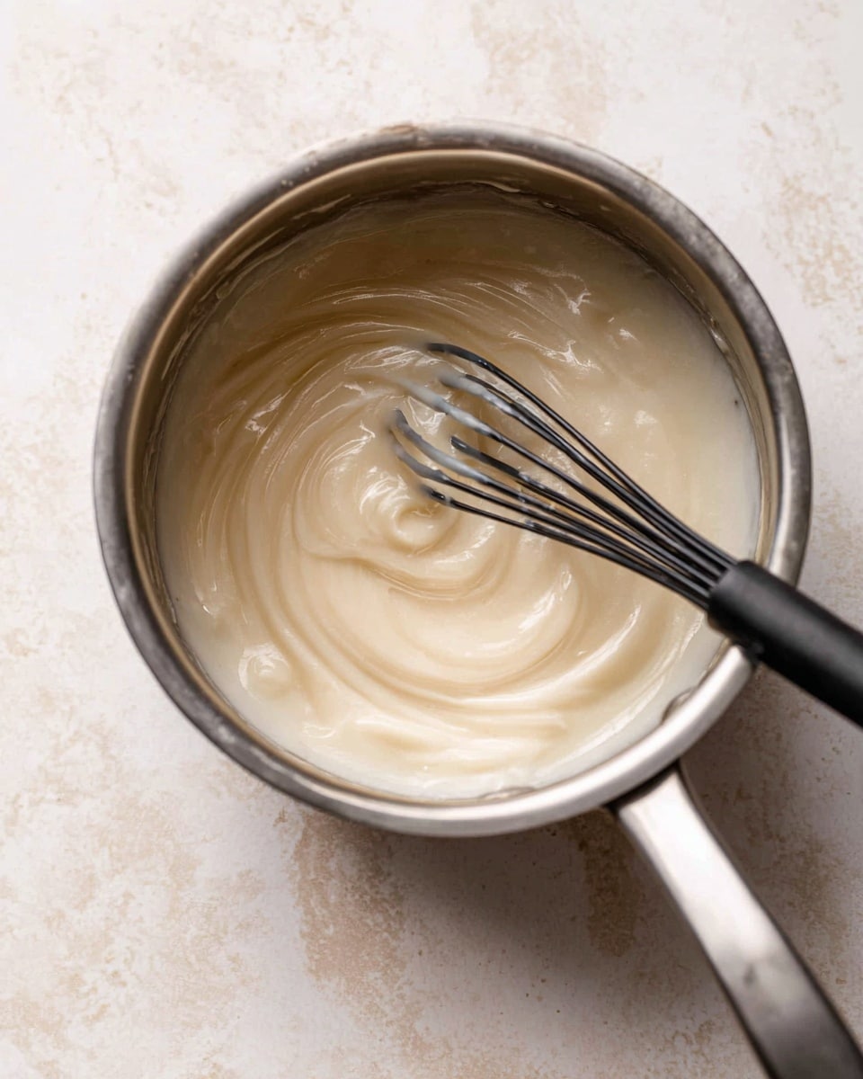 A close-up image of a small amount of smooth, creamy white sauce with a slightly thick texture swirling in a silver metal saucepan. The sauce has a glossy shine and is stirred by a black whisk resting inside the pan. The background surface is a white marbled texture. photo taken with an iphone --ar 4:5 --v 7